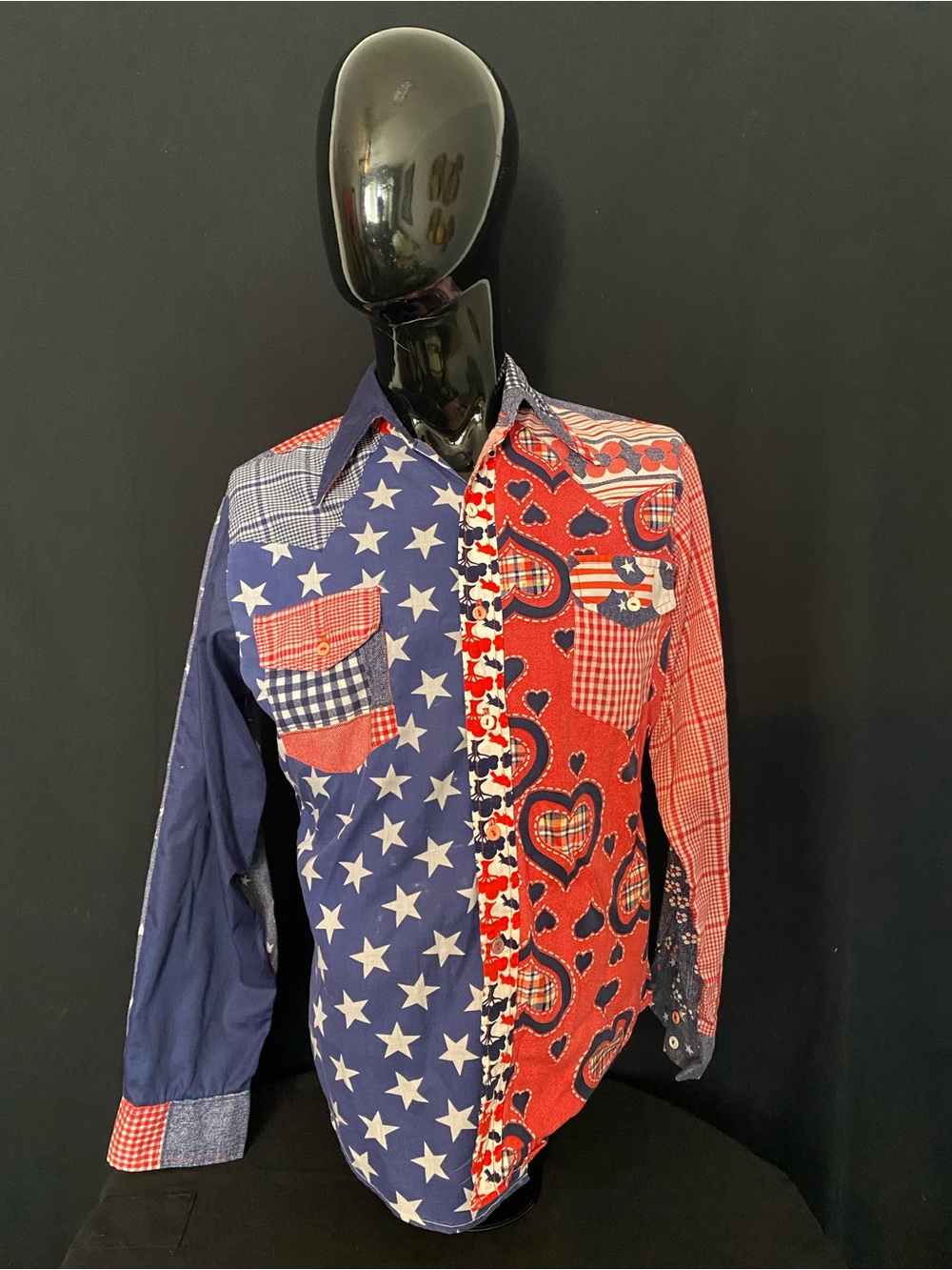 Patriotic Patchwork Button-Up Shirt in Red & Blue